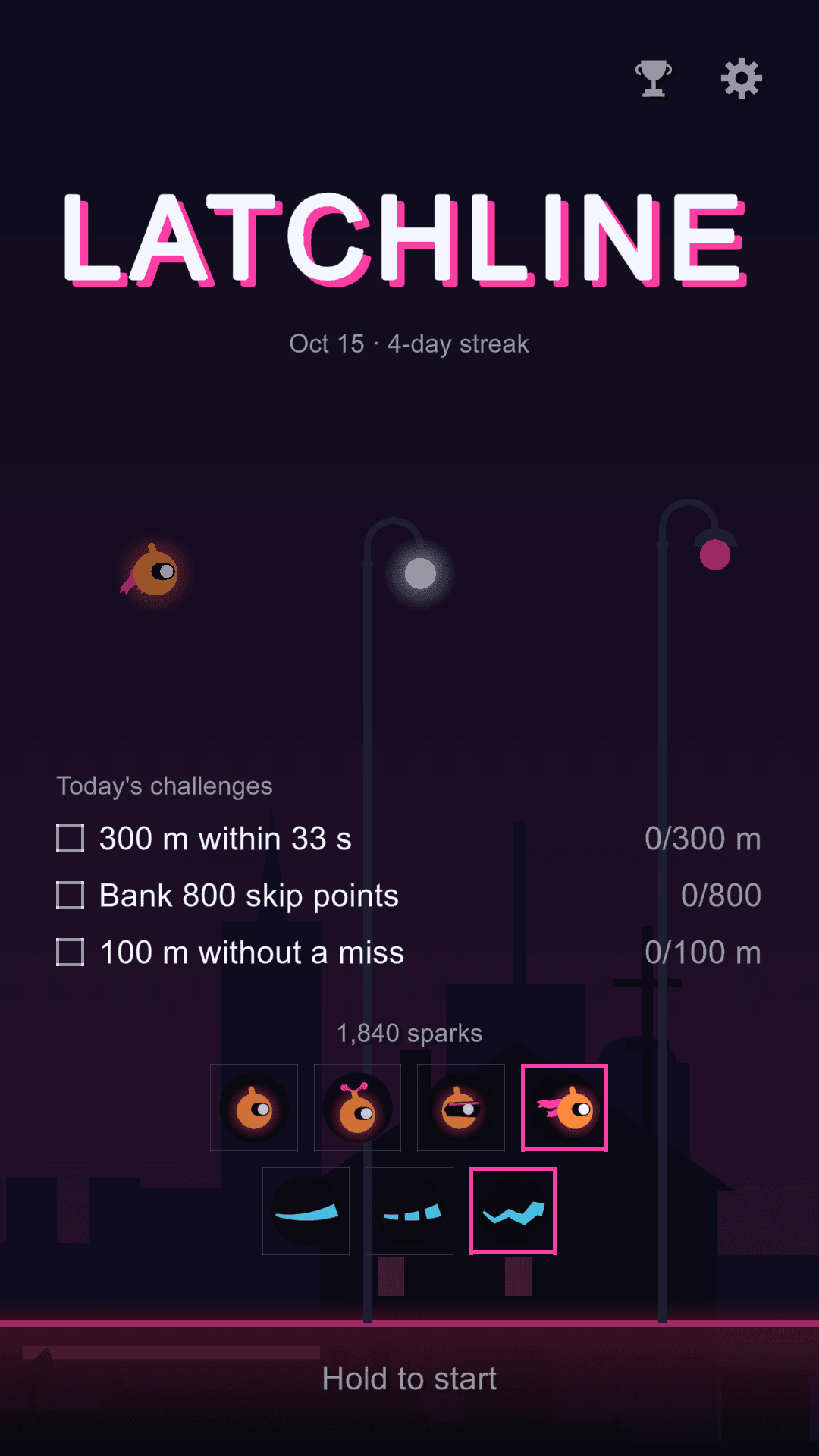 The title screen with the day's three challenges and the looks you can unlock