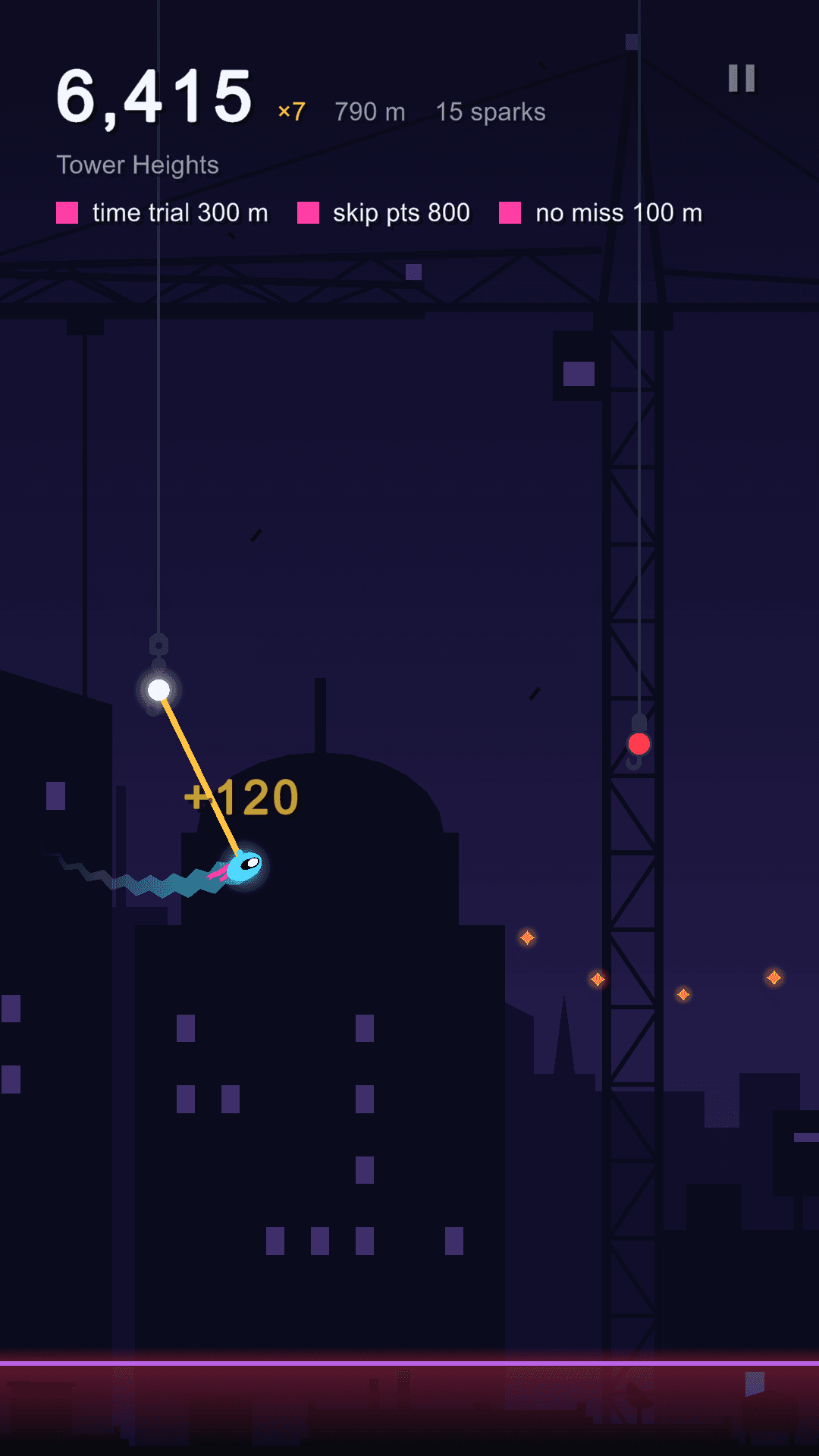 The robot hanging from a crane hook in Tower Heights, scoring 120 points