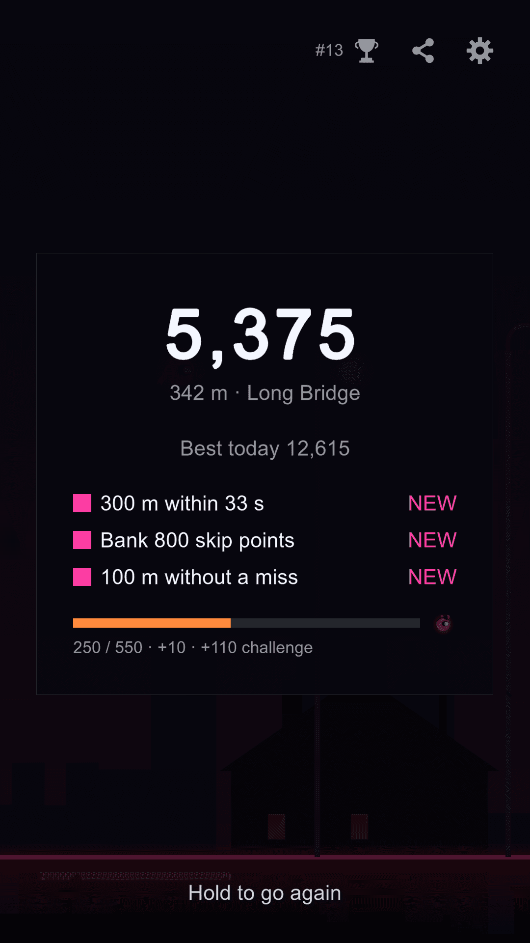 The result screen: 5,375 points and 342 m into Long Bridge, all three challenges cleared