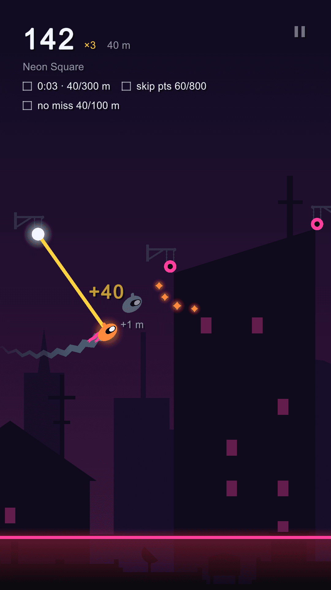 An orange robot in Neon Square, just ahead of the grey ghost of an earlier run