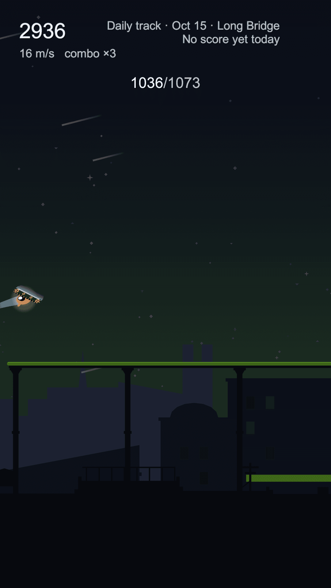 The bot mid-backflip above the track in Long Bridge, the edge of its tread lit cyan